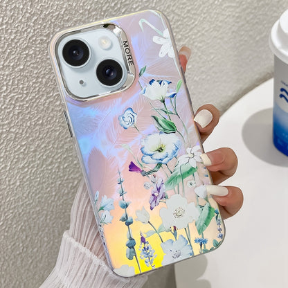 ELECTROPRIME For iPhone 15 Electroplating Laser Flower Texture TPU Phone Case(Blue Flower AH8)