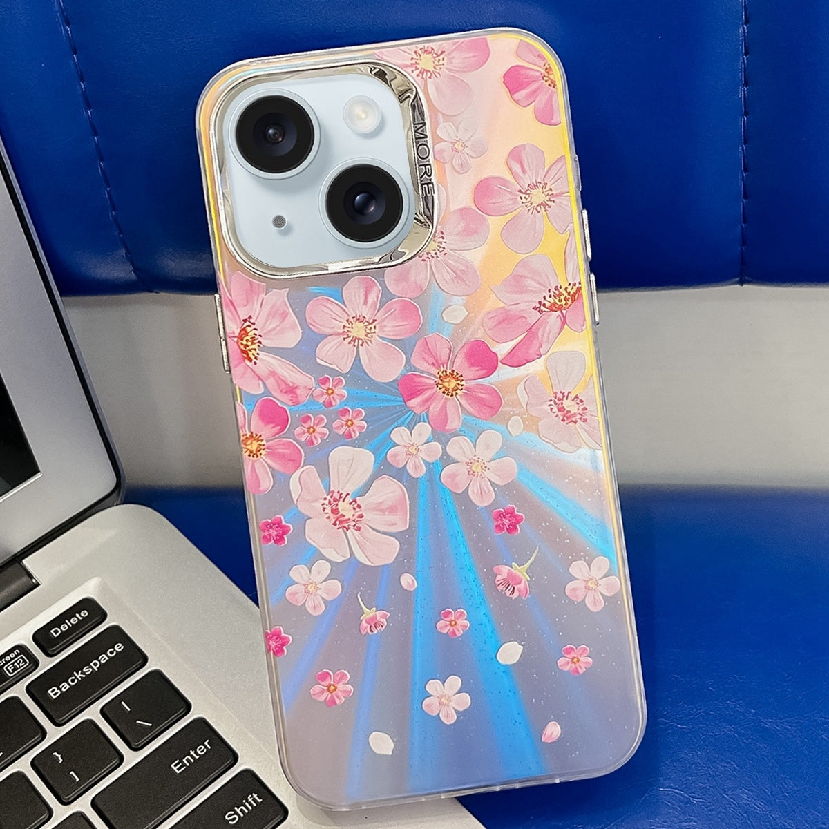 ELECTROPRIME For iPhone 15 Electroplating Laser Flower Texture TPU Phone Case(Pink Flower AH13)