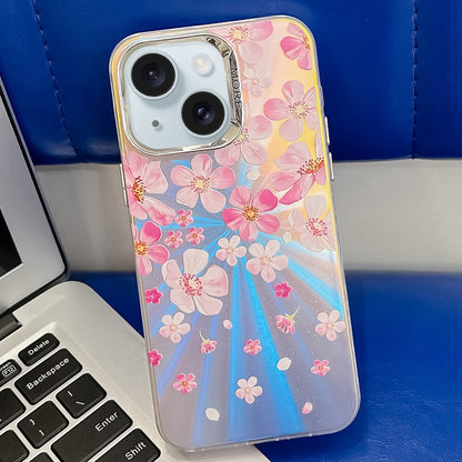 ELECTROPRIME For iPhone 15 Electroplating Laser Flower Texture TPU Phone Case(Pink Flower AH13)