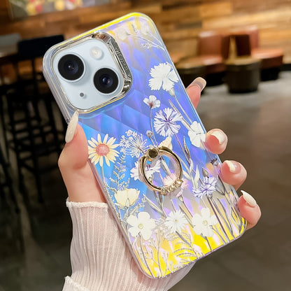 ELECTROPRIME For iPhone 15 Electroplating Laser Flower Ring Holder TPU Phone Case(Chrysanthemum AH5)