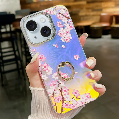 ELECTROPRIME For iPhone 15 Electroplating Laser Flower Ring Holder TPU Phone Case(Peach Blossom AH4)