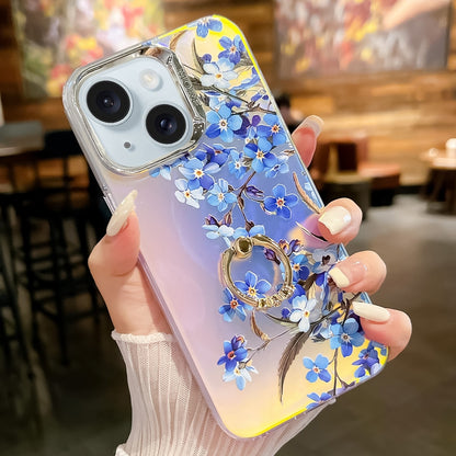 ELECTROPRIME For iPhone 15 Electroplating Laser Flower Ring Holder TPU Phone Case(Myosotis AH2)
