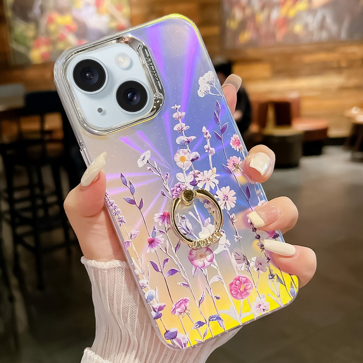 ELECTROPRIME For iPhone 15 Electroplating Laser Flower Ring Holder TPU Phone Case(Flower AH1)