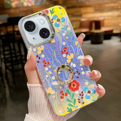 ELECTROPRIME For iPhone 15 Electroplating Laser Flower Ring Holder TPU Phone Case(Flower AH6)