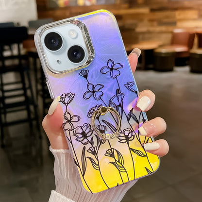 ELECTROPRIME For iPhone 15 Electroplating Laser Flower Ring Holder TPU Phone Case(Drawn Flowers AH3)