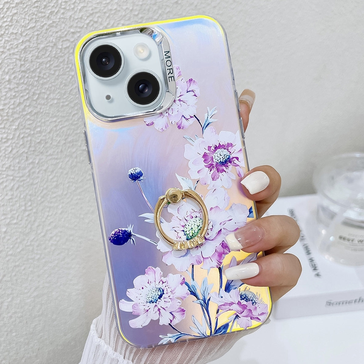 ELECTROPRIME For iPhone 15 Electroplating Laser Flower Ring Holder TPU Phone Case(Zinnia AH9)