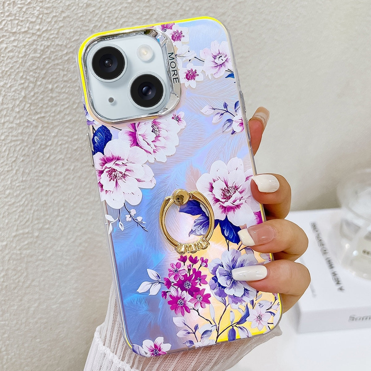 ELECTROPRIME For iPhone 15 Electroplating Laser Flower Ring Holder TPU Phone Case(Peony AH11)