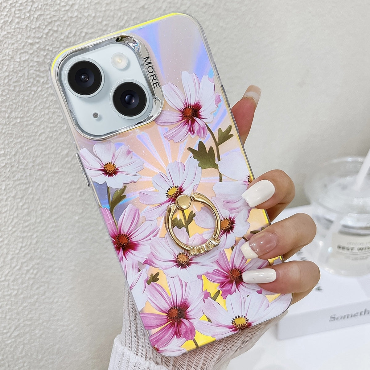 ELECTROPRIME For iPhone 15 Electroplating Laser Flower Ring Holder TPU Phone Case(Cosmos Flower AH7)