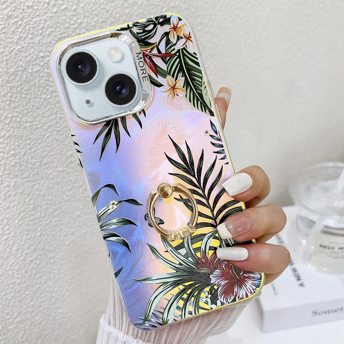 ELECTROPRIME For iPhone 15 Electroplating Laser Flower Ring Holder TPU Phone Case(Leaves AH12)