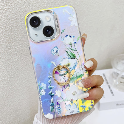 ELECTROPRIME For iPhone 15 Electroplating Laser Flower Ring Holder TPU Phone Case(Blue Flower AH8)