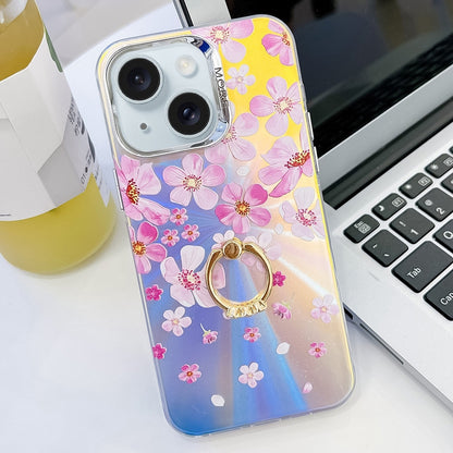 ELECTROPRIME For iPhone 15 Electroplating Laser Flower Ring Holder TPU Phone Case(Pink Flower AH13)