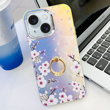 ELECTROPRIME For iPhone 15 Electroplating Laser Flower Ring Holder TPU Phone Case(Plum Blossom AH18)