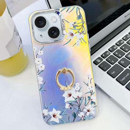 ELECTROPRIME For iPhone 15 Electroplating Laser Flower Ring Holder TPU Phone Case(Morning Glory AH16)
