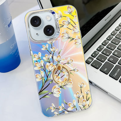 ELECTROPRIME For iPhone 15 Electroplating Laser Flower Ring Holder TPU Phone Case(Pear Blossom AH17)