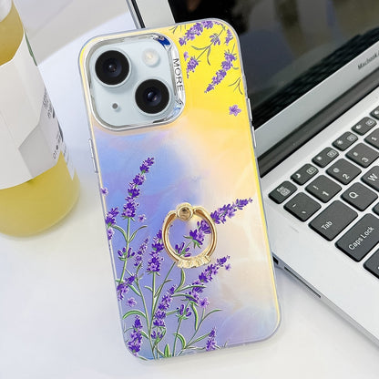 ELECTROPRIME For iPhone 15 Electroplating Laser Flower Ring Holder TPU Phone Case(Lavender AH14)