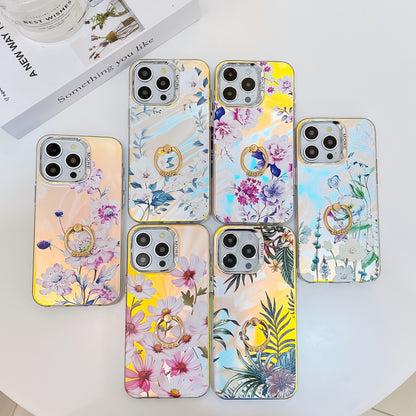 ELECTROPRIME For iPhone 15 Electroplating Laser Flower Ring Holder TPU Phone Case(Pink Flower AH13)