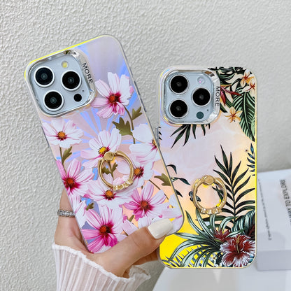 ELECTROPRIME For iPhone 15 Electroplating Laser Flower Ring Holder TPU Phone Case(Pink Flower AH13)