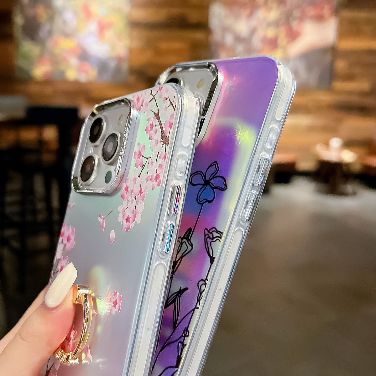 ELECTROPRIME For iPhone 15 Electroplating Laser Flower Ring Holder TPU Phone Case(Pink Flower AH13)