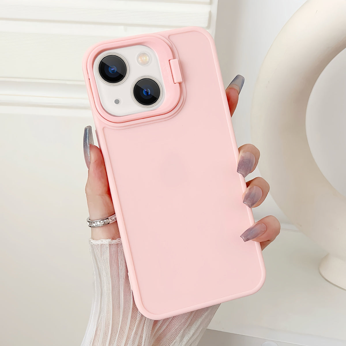 ELECTROPRIME For iPhone 15 Plus Lens Frame Holder Shockproof Phone Case(Pink)
