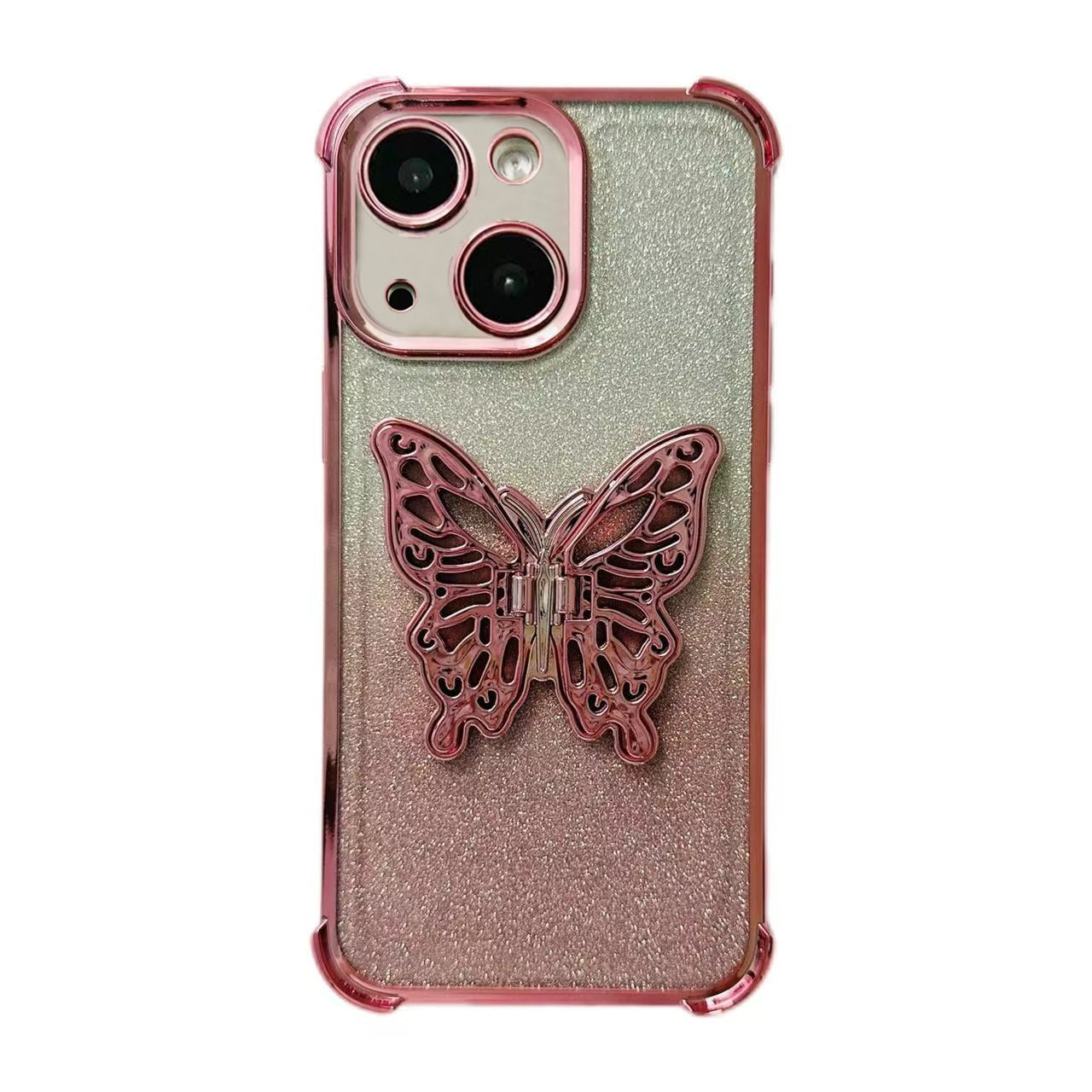 ELECTROPRIME For iPhone 15 Electroplated Glitter 3D Butterfly Four-corner Shockproof TPU Phone Case(Gradient Pink)