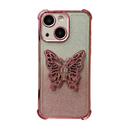 ELECTROPRIME For iPhone 15 Electroplated Glitter 3D Butterfly Four-corner Shockproof TPU Phone Case(Gradient Pink)