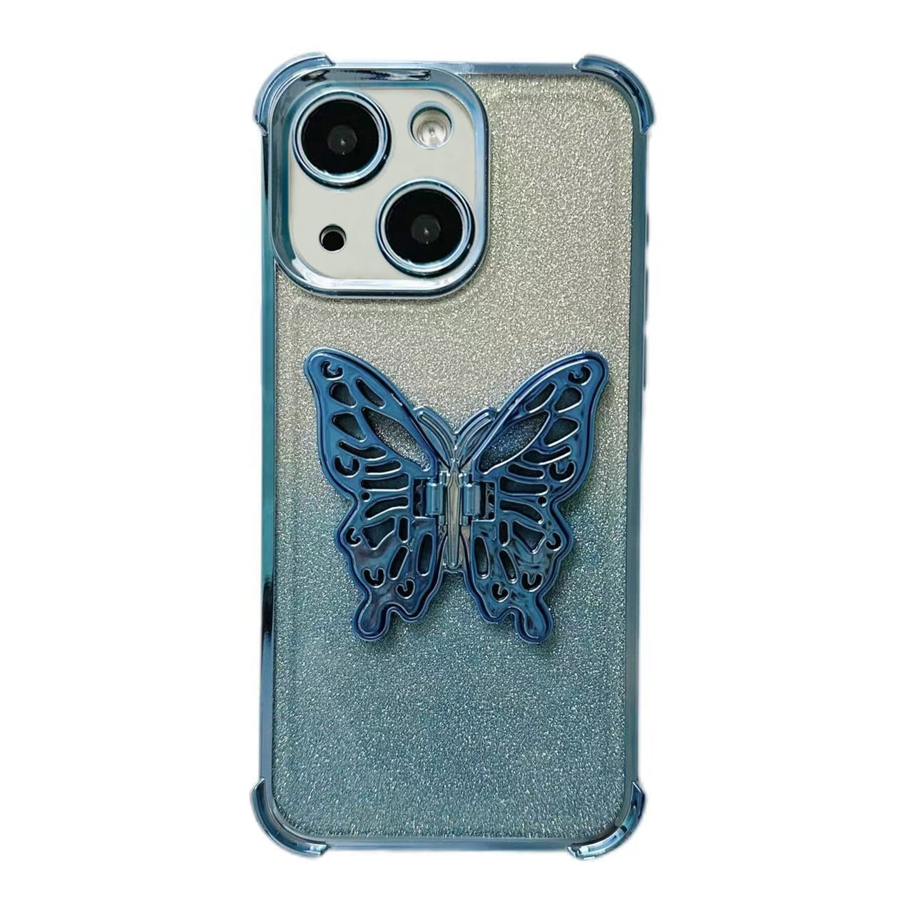 ELECTROPRIME For iPhone 15 Electroplated Glitter 3D Butterfly Four-corner Shockproof TPU Phone Case(Gradient Blue)