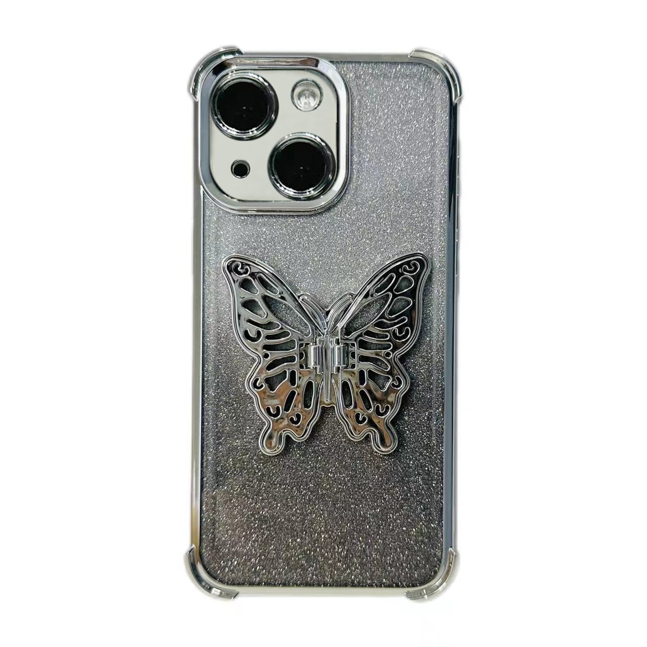 ELECTROPRIME For iPhone 15 Electroplated Glitter 3D Butterfly Four-corner Shockproof TPU Phone Case(Gradient Silver)
