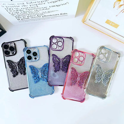 ELECTROPRIME For iPhone 15 Electroplated Glitter 3D Butterfly Four-corner Shockproof TPU Phone Case(Gradient Black)