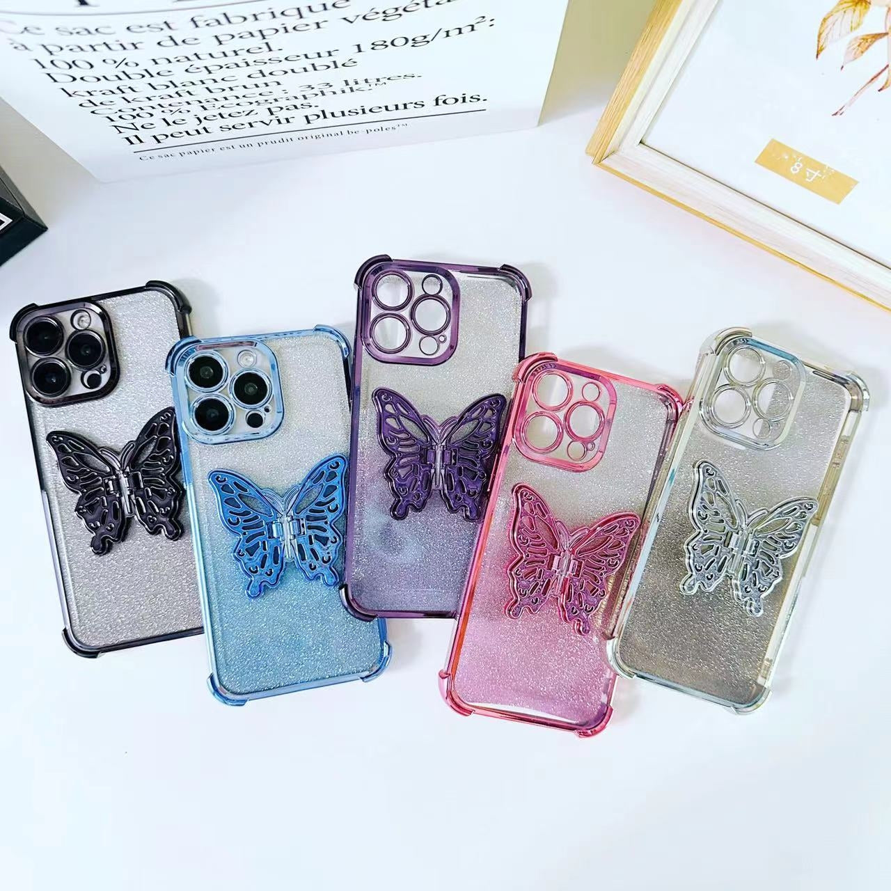 ELECTROPRIME For iPhone 15 Electroplated Glitter 3D Butterfly Four-corner Shockproof TPU Phone Case(Gradient Blue)