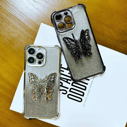 ELECTROPRIME For iPhone 15 Electroplated Glitter 3D Butterfly Four-corner Shockproof TPU Phone Case(Gradient Blue)