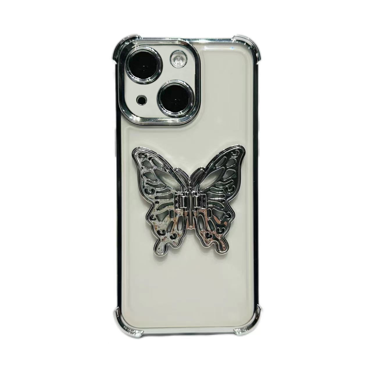 ELECTROPRIME For iPhone 15 Electrpolated 3D Butterfly Holder TPU Phone Case(Silver)