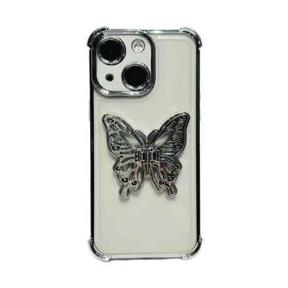 ELECTROPRIME For iPhone 15 Electrpolated 3D Butterfly Holder TPU Phone Case(Silver)