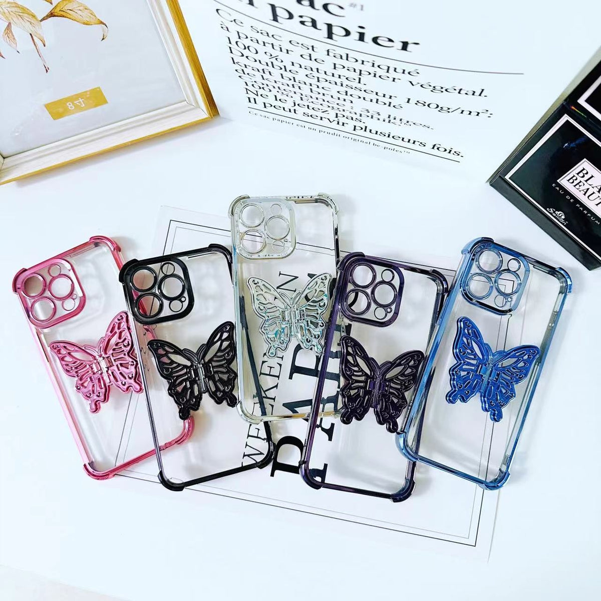 ELECTROPRIME For iPhone 15 Plus Electrpolated 3D Butterfly Holder TPU Phone Case(Silver)