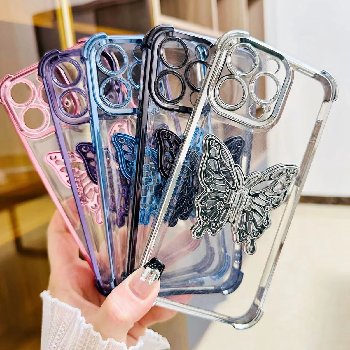 ELECTROPRIME For iPhone 15 Plus Electrpolated 3D Butterfly Holder TPU Phone Case(Silver)