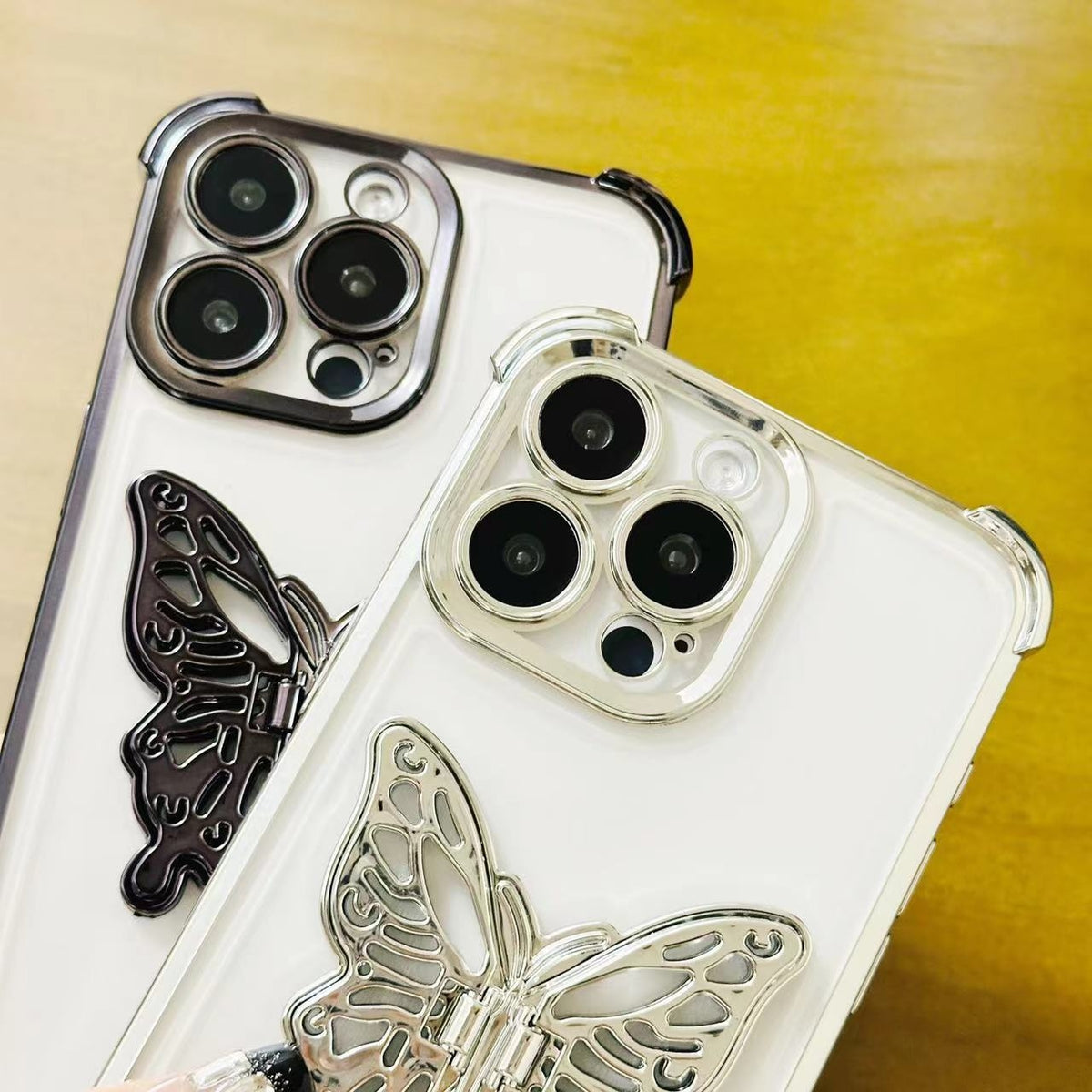 ELECTROPRIME For iPhone 15 Plus Electrpolated 3D Butterfly Holder TPU Phone Case(Silver)