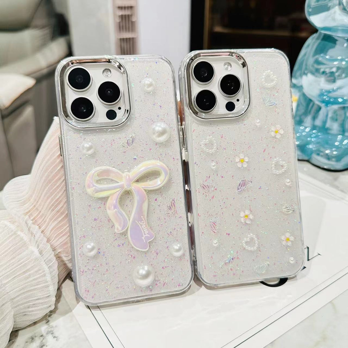 ELECTROPRIME For iPhone 15 Plus 3D Bow Pearl Love Flower TPU Phone Case(Butterfly Love Flowers)