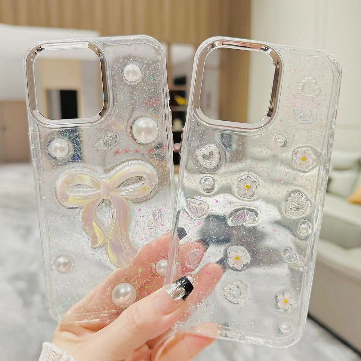 ELECTROPRIME For iPhone 15 Plus 3D Bow Pearl Love Flower TPU Phone Case(Butterfly Love Flowers)