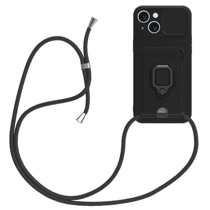 ELECTROPRIME For iPhone 15 Plus Sliding Camshield Magnetic Card Holder Silicone Phone Case with Lanyard(Black)