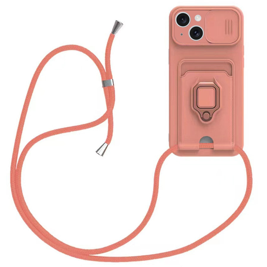 ELECTROPRIME For iPhone 15 Sliding Camshield Magnetic Card Holder Silicone Phone Case with Lanyard(Pink)