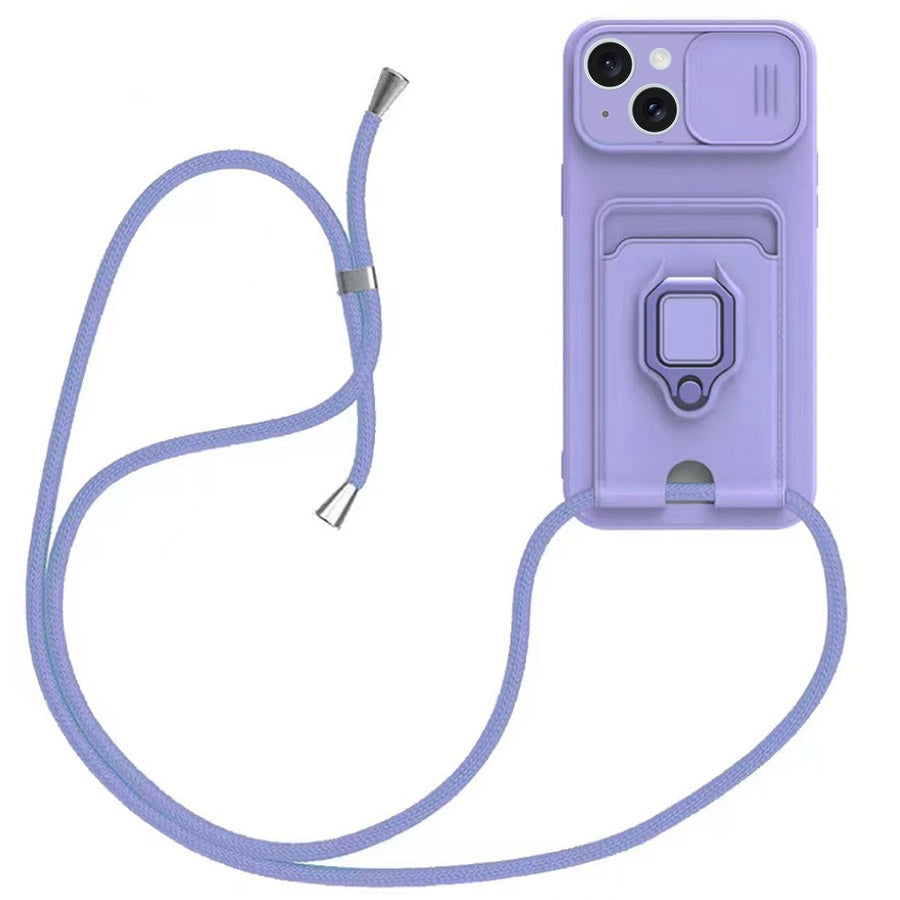 ELECTROPRIME For iPhone 15 Sliding Camshield Magnetic Card Holder Silicone Phone Case with Lanyard(Light Purple)