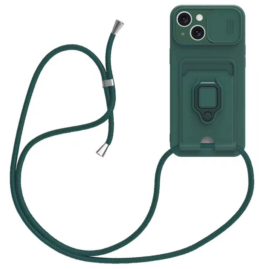ELECTROPRIME For iPhone 15 Sliding Camshield Magnetic Card Holder Silicone Phone Case with Lanyard(Dark Night Green)