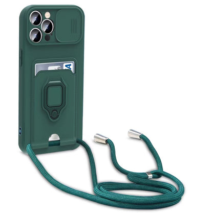 ELECTROPRIME For iPhone 15 Plus Sliding Camshield Magnetic Card Holder Silicone Phone Case with Lanyard(Black)
