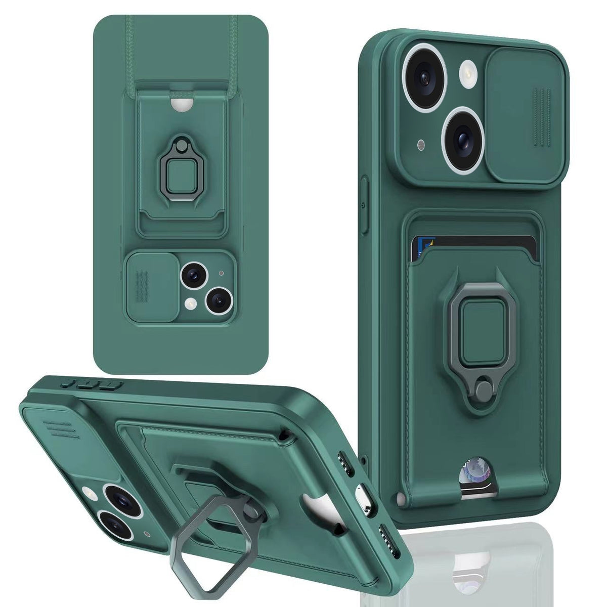 ELECTROPRIME For iPhone 15 Plus Sliding Camshield Magnetic Card Holder Silicone Phone Case(Dark Night Green)