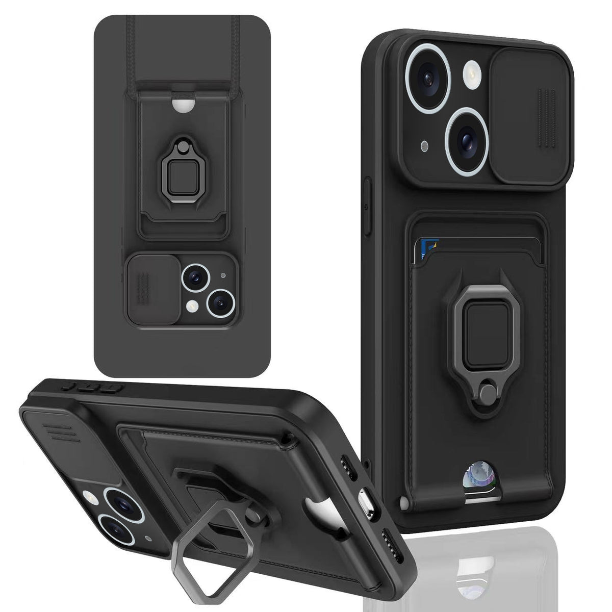 ELECTROPRIME For iPhone 15 Sliding Camshield Magnetic Card Holder Silicone Phone Case(Black)