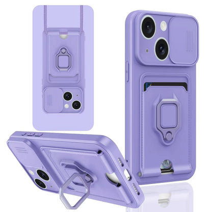 ELECTROPRIME For iPhone 15 Sliding Camshield Magnetic Card Holder Silicone Phone Case(Light Purple)