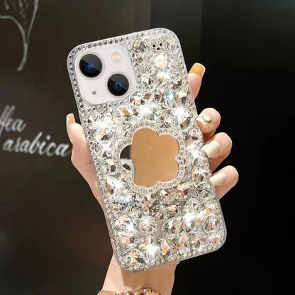ELECTROPRIME For iPhone 15 Plus Mirror Handmade Bling Rhinestone PC Phone Case(Silver Gray Flower)
