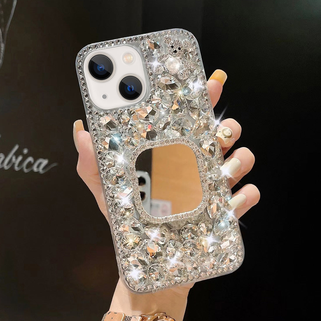 ELECTROPRIME For iPhone 15 Mirror Handmade Bling Rhinestone PC Phone Case(Silver Gray Square)