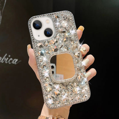 ELECTROPRIME For iPhone 15 Mirror Handmade Bling Rhinestone PC Phone Case(Silver Gray Square)