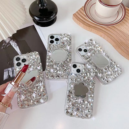 ELECTROPRIME For iPhone 15 Plus Mirror Handmade Bling Rhinestone PC Phone Case(Silver Gray Flower)