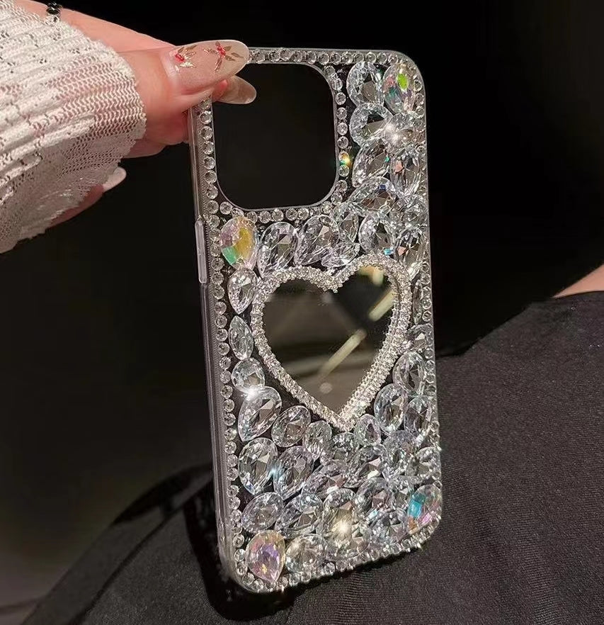 ELECTROPRIME For iPhone 15 Plus Mirror Handmade Bling Rhinestone PC Phone Case(Silver Gray Flower)